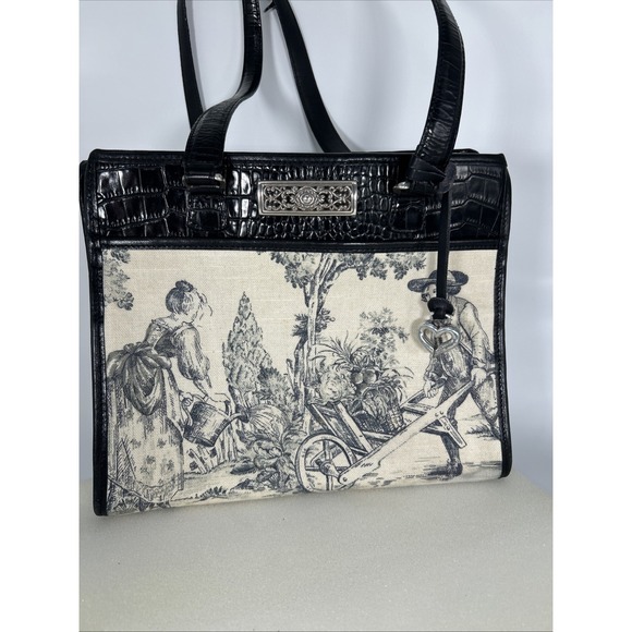 Brighton Handbags - Brighton‎ Martine Purse Black Croc Embossed Leather Canvas Blue Toile Shoulder